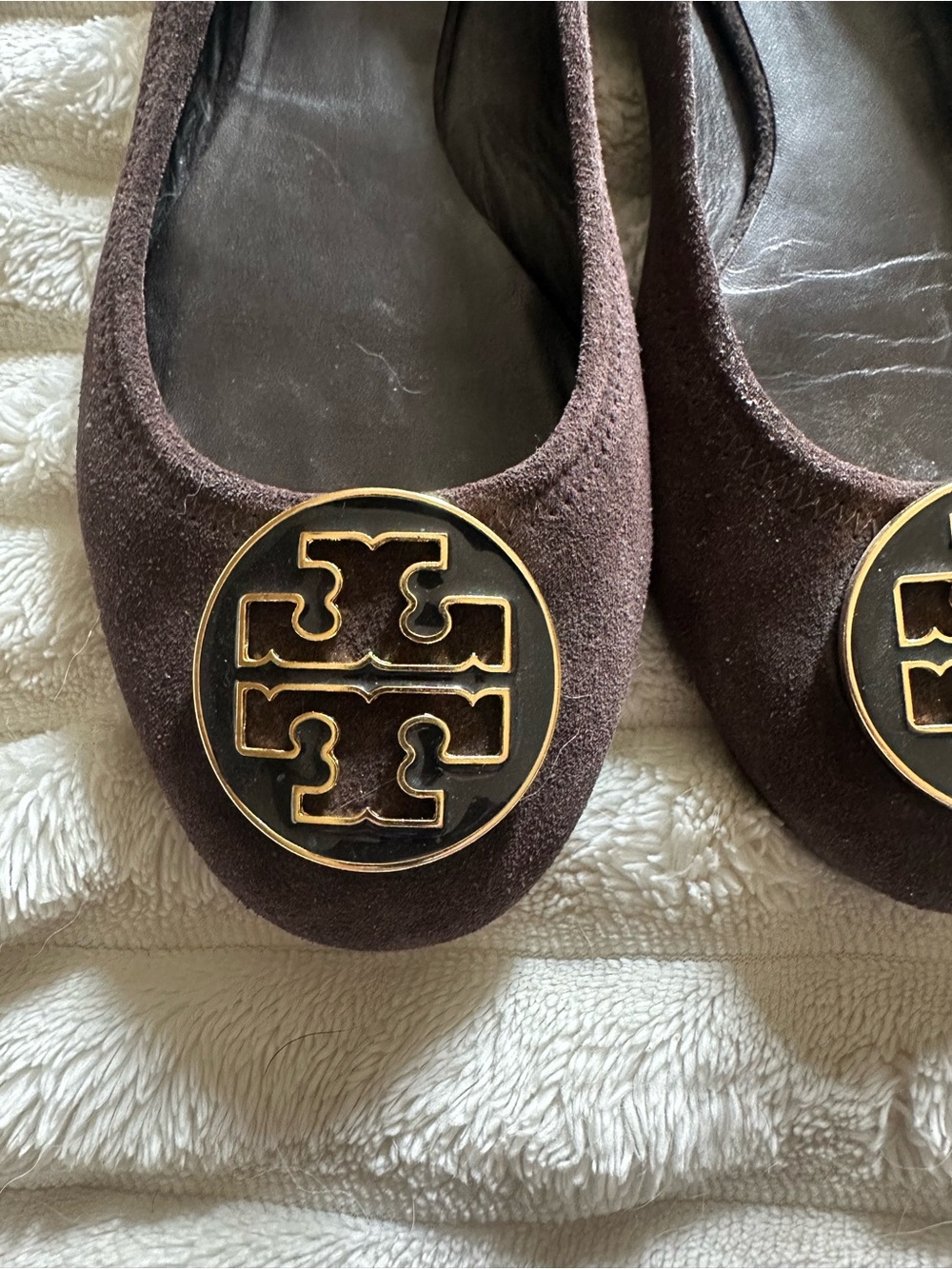 Tory Burch Dark Brown Suede Logo Ballet Flats with Gold Emblem - Picture 3 of 3